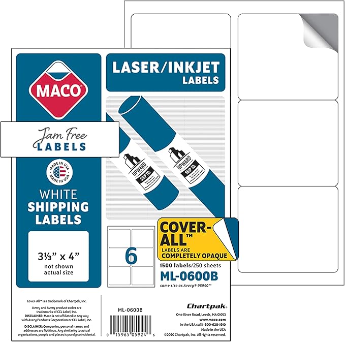 MACO Printable Labels for Shipping - Laser/Ink Jet Compatible Shipping Labels, 6 per Sheet, 3-1/3" x 4", Box of 250 Pages/1500 Labels, White