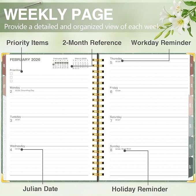 GuassLee Large 2026 Planner, Weekly and Monthly Planner from January 2026-December 2026, 8.5"x 11" Aesthetic Greenery Agenda Book with Back Pocket, Stickers, Coated Tabs, A4 Size