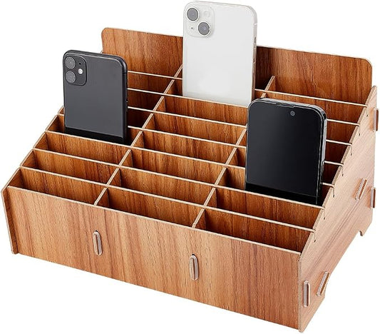 BENECREAT 24-Grid Wooden Cell Phone Storage Box, Mobile Phone Management Storage Box Desktop Organizer for Office and School Supplies, Teak Wood Color