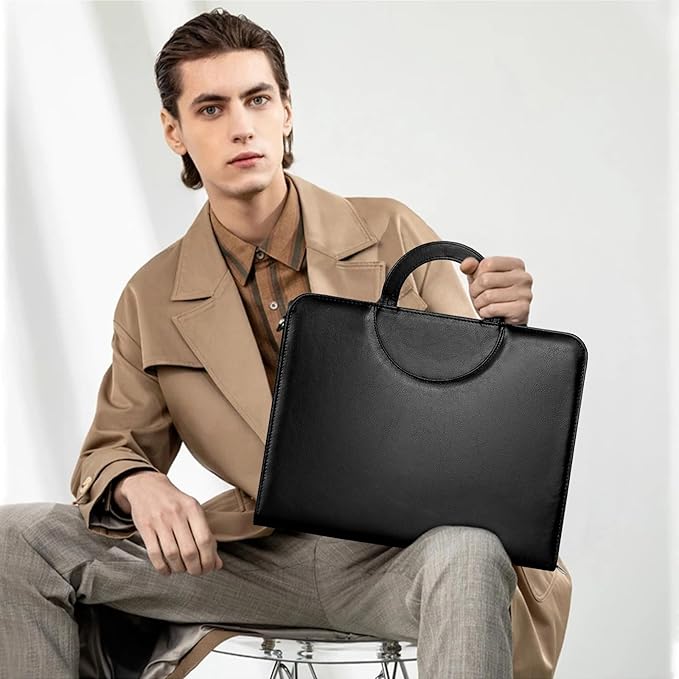 Eshow Leather Portfolio Professional Business Padfolio with Hidden Handle - Interview Resume Notefolio Premium Legal Document Organizer with Card Holder, Notebook and File Folders for Men and Women