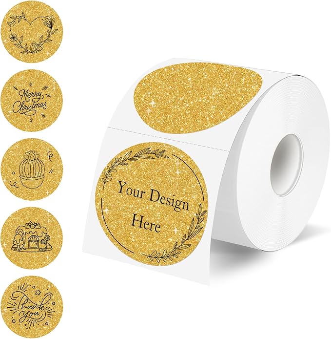 2 Inch Round Holographic Thermal Label Stickers, Glitter Gold Circle Thermal Printer Sticker Labels, Self-Adhesive Direct Labels for Gift Wrapping