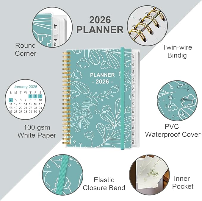 2026 Planner - Planner 2026 from January 2026 to December 2026, Planner 2026 with 12 Monthly Tabs, Inner Pocket, 6.4" x 8.5", Teal Leaf