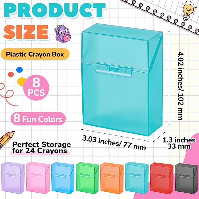 Clabby 8 Pcs Plastic Crayon Organizer Case for 24 Count Crayons Kids Art Supply Storage Box with Lid, Portable Holder for Classroom Home Travel, Fits Standard 24-Pack Crayon (Colorful)