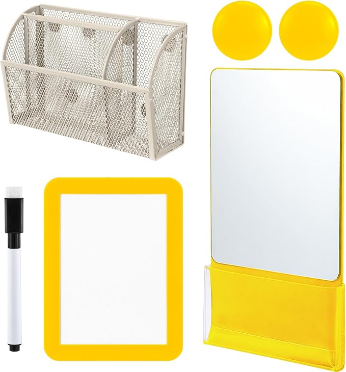 Fuyoooo Magnetic Locker Accessories Back to School Essentials Include Magnetic Mirror with Holder Magnet Mesh Pen Holder Small Whiteboard and Magnet for Office School Locker Organizer(Classic,Yellow)