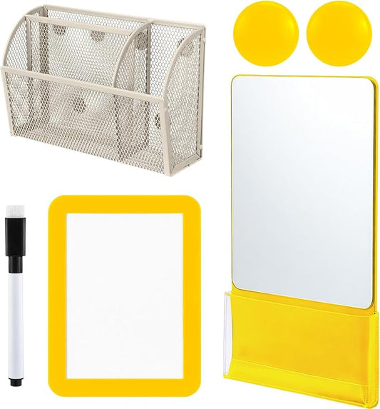 Fuyoooo Magnetic Locker Accessories Back to School Essentials Include Magnetic Mirror with Holder Magnet Mesh Pen Holder Small Whiteboard and Magnet for Office School Locker Organizer(Classic,Yellow)