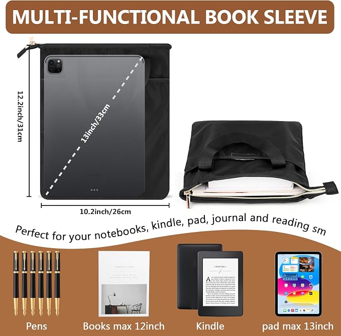 Likesing Book Sleeve for Book Lovers, 12.6" x10.6" Canvas Book Cover for Hardcover Paperbacks Bible Textbook Comic Kind1e Journal, Book Pouch with Zipper Gifts for Readers Book Lovers Women(Black)
