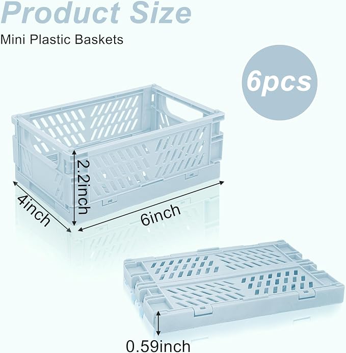6 Pack Mini Foldable Small Plastic Baskets for Organizing and Storage，Collapsible Storage Crates,Mini Bins for Home Kitchen Bedroom Bathroom Office (Blue, Small 6x4x2.2)