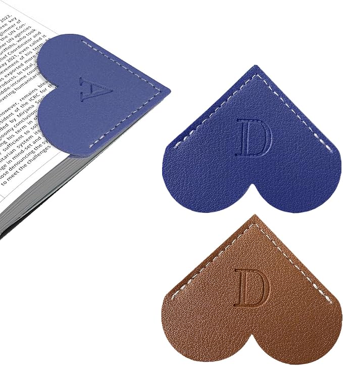 2Pcs Personalized Leather Heart Bookmark with Initial, 26 Letters Custom Corner Page Book Mark for Reading Women, Book Lovers, Teachers, Students, Cute Book Accessories Gifts(Blue+Dark Brown, D)