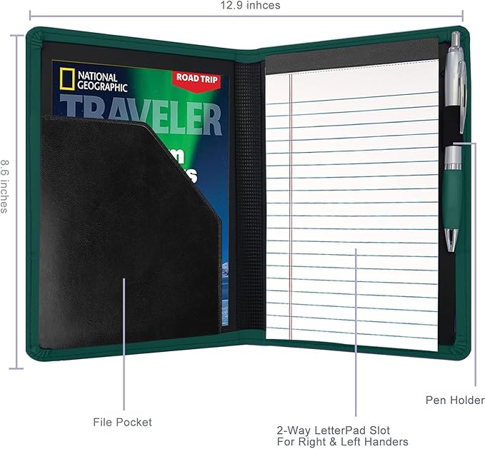Classic Padfolio/Junior Portfolio Folder Case, Business A5 Binder Organizer Notepad for Men Women, 5 x 8 Writing Pad Included,Dark Green