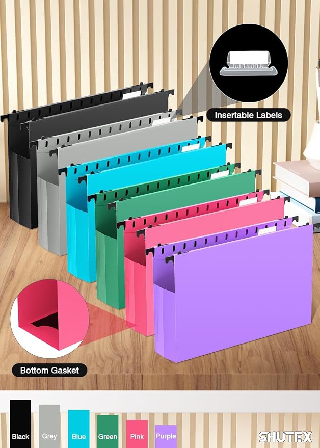 SHUTEX Extra Capacity Legal Size Hanging File Folders,12 Pack Reinforced Plastic Hanging Folder, Heavy Duty 2 Inch Expansion, Filing Cabinet Folders for Bulky Files, Medical Charts, Colorful