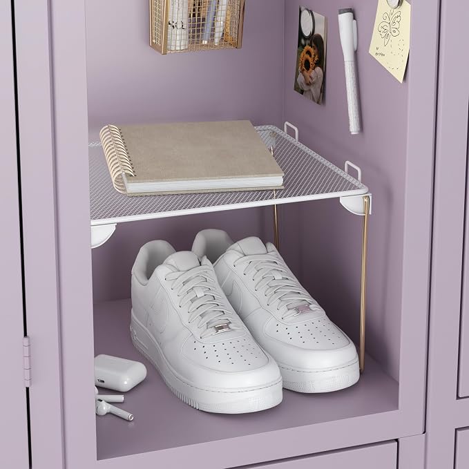 U Brands Mesh Locker Organizer Shelf, 11" x 10" x 8", White and Gold, Back to School Essentials, Stackable, Fits Standard Size School Lockers