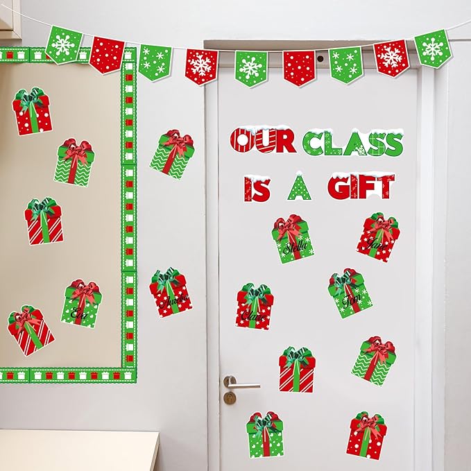 Frienda 108 Pcs Christmas Gift Boxes Bulletin Board Decoration Set Our Class is a Gift Cutouts Christmas Winter Holiday Classroom Decorations for Xmas School Classroom Door Bulletin Board