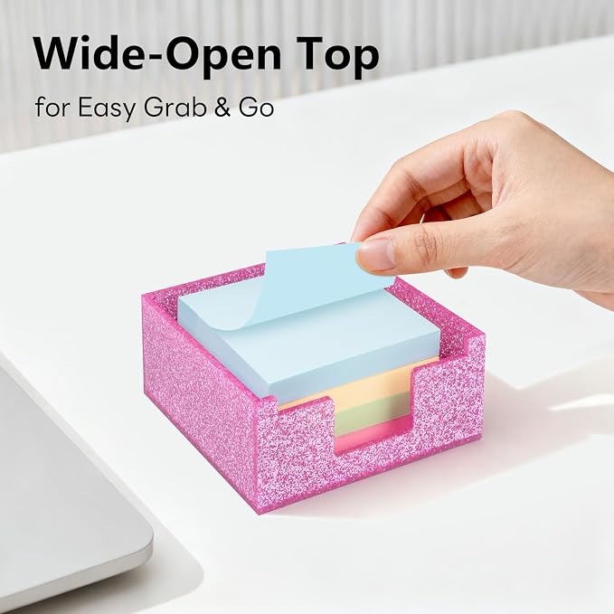 Rose Pink Sparkling Sticky Note Holder, Glitter Acrylic Organizer, 3.94 x 3.94 in Multi-Use Tray for Office, School & Home Desk
