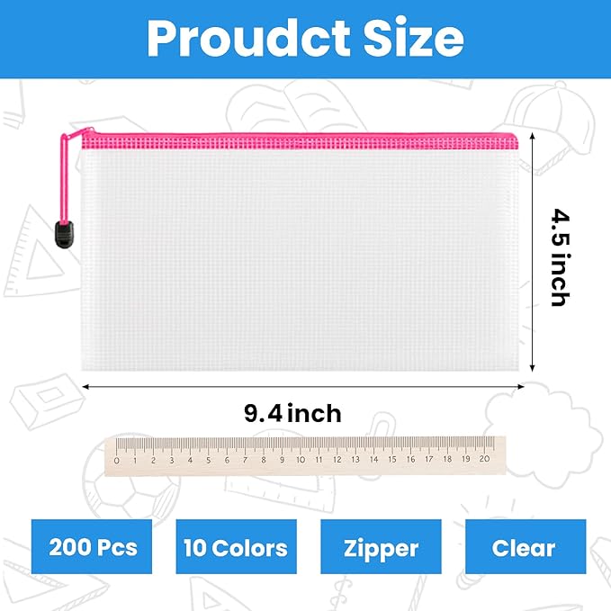 200 Pieces A6 Mesh Zipper Pencil Pouch Bulk Plastic Clear Mesh Storage Bags Waterproof Small Pencil Pouches for School Office Supplies Organization, 9.4 x 4.5 Inches (10 Colors)
