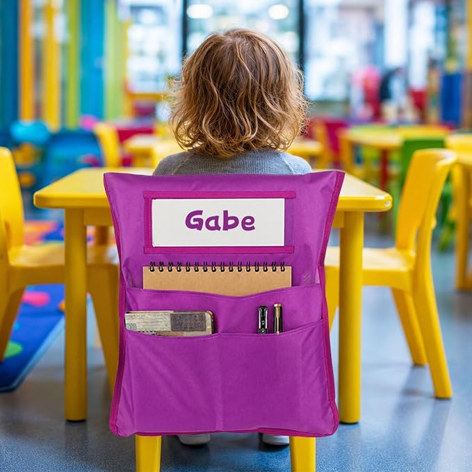 24pcs for Classroom 16.3x19.7inch Classroom Chair Pockets with Name Tag 3 Pockets Chair Organizer for Teacher Student School Office(Rainbow)