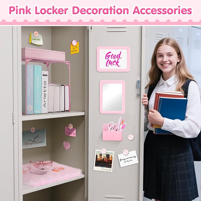 MoKo 17 Pcs Pink Locker Accessories for Girls, Cute Locker Accessories Kit with Mesh Shelf, Magnetic Dry Erase Board, Mirror, Marker Holder, Marker, Plush Rug, Magnets, Lockers Decor for School & Work