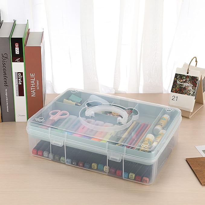 BTSKY 2-Tier Cute Bear Storage Box with Removable Divided Tray Portable Clear Plastic Art Craft Supply Organizer Stackable Home Office Supplies Storage Container for Pens Notes A4 papers etc (Blue)