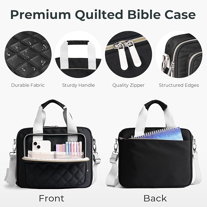 Nicpro Large Bible Bag with Bible Cover Case for Women, Church Bag with Shoulder Strap,Quilted Cover for Bible Study Supplies Journaling Kit with Tabs Notes Highlighters Pens Christian Gifts for Women