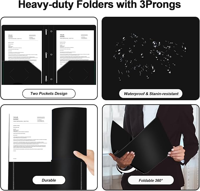 Two Pocket Folders with Prongs, LAYZZ 60 Pack Poly Plastic Folders, Heavy Duty Plastic Folders with Pockets and Prongs, Letter Size, for Offices and Schools (Black)