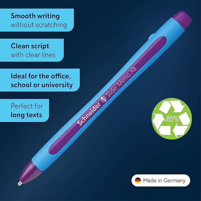 Schneider Slider Memo XB (Extra Broad) Ballpoint Pen, 1.4 mm, Light Blue Barrel, Violet Ink, Box of 10 Pens (150208)