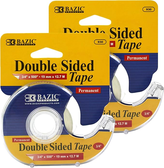 BAZIC PRODUCTS Double Sided Tape w/Dispenser 3/4" x500', Clear Sticky Mounting Adhesive, Permanent Double-Sided Tape for Arts & Crafts, 2-Pack