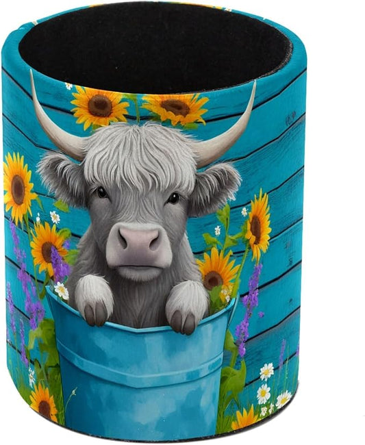 Highland Cow Rustic Teal Wood Pen Holder Pencil Organizer Cute Pencil Cup Desk Decor Makeup Brush Holder PU Multifunctional Office Supplies for Home Classroom School