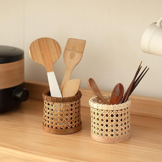 Handwoven Rattan Pen Holder, Cylindrical Desk Organizer, Natural Wicker Pencil Cup with Wooden Base for Office, Home, and Vanity - Boho Decor for Stationery, Makeup Brushes, etc.