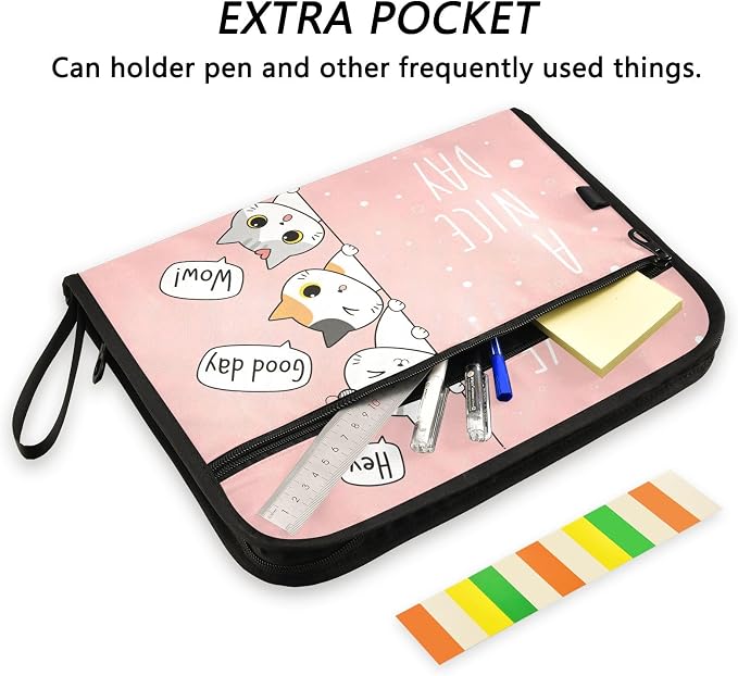 Kawaii Cats Pink Expanding File Folder with Sticky Labels, 13 Pockets Accordion File Folder Document Organizer Expandable Zip File Folder with Zipper Closure