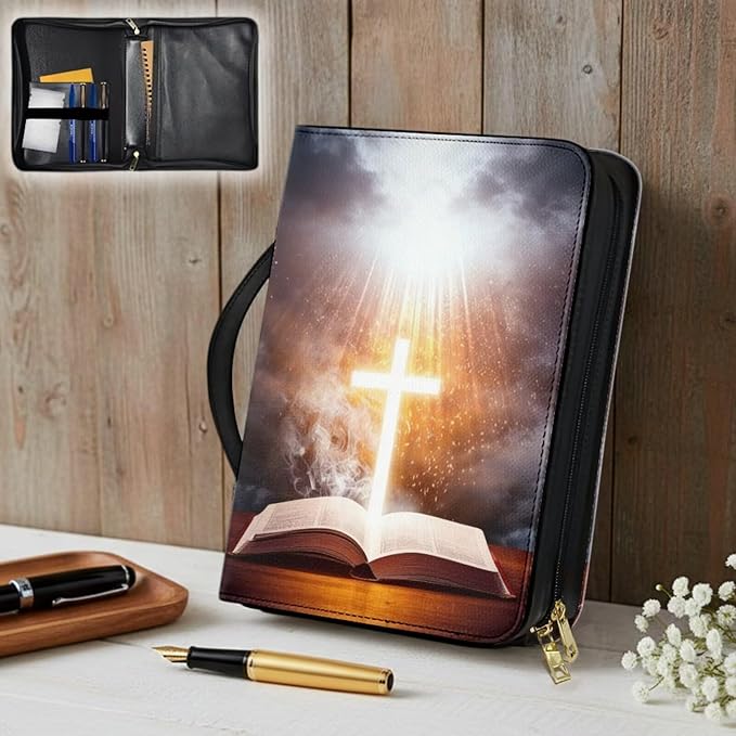 Leather Bible Cover for Girls and Women, Book Case Church Bible Protective with Handle and Zippered Pocket,Bible and Cross,Large