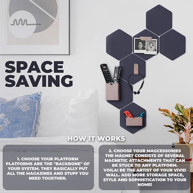 Leather Magnetic Notice Board Platform | Adhesive On Wall Organiser Hexagon 17cmx20.3cm | Best with Coulf Magcessories | 3 Pcs Dark Lilac