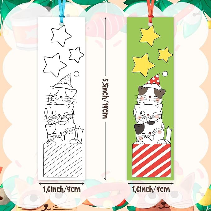 ANGOLIO Cat Coloring Bookmarks for Kids - 123Pcs DIY Blank Bookmark Set for Art Crafts, Classroom Rewards, Party Favors Creative Animal Bookmark Activity for School, Birthday Gifts, Goodie Bag Fillers