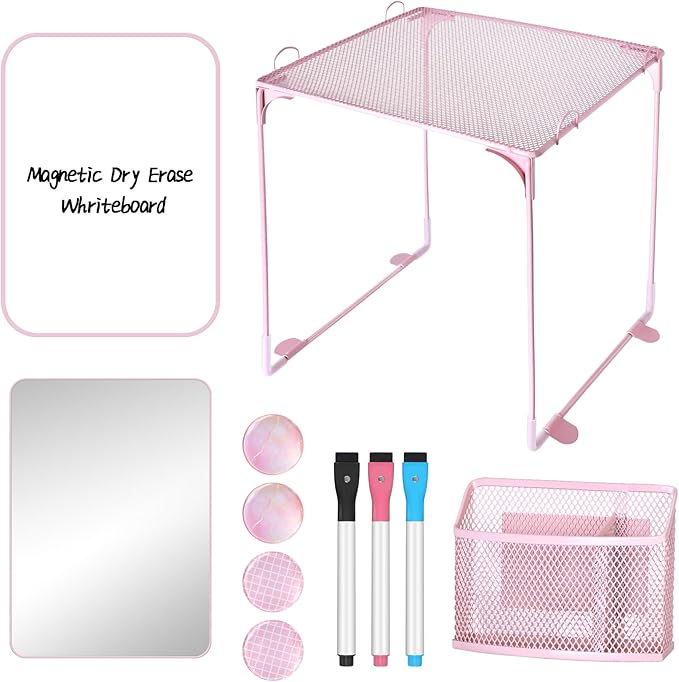 AKONEGE 11 PCS Locker Accessories Kit Pink Locker Organizer Decorations Supplies Includes Folding Shelf, Magnetic Mirror & Whiteboard, Pen Holder, Dry Erase Markers, Magnets, Back to School Essentials