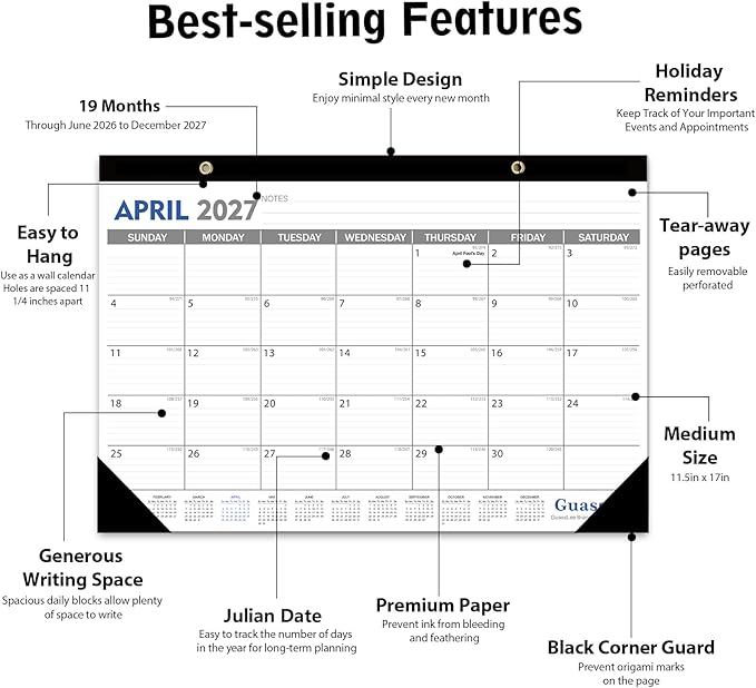 GuassLee Desk Calendar 2026-2027 - 19 Monthly Desktop Calendar 17" x 11.5" Medium Size Runs from Jun. 2026-Dec. 2027 with Julian Dates for Students Family Office Easy Planning