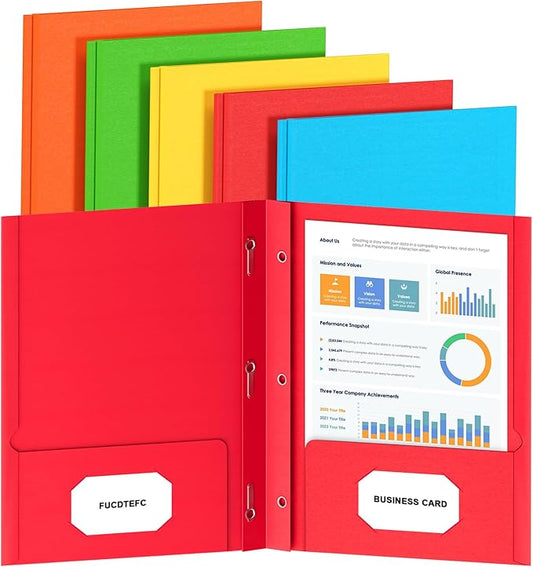 FUCDTEFC 2 Pocket Folders with Prongs, 5 Pack Paper Folders with Pockets and Prongs, File Folders with Fasteners, Heavy Duty Two Pocket 3 Prong Folders for Office School Letter Size, 5 Bright Color