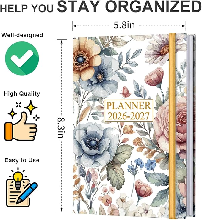 Planner 2026-2027 - 5.8" × 8.3" Weekly & Monthly Planner from July 2026 to June 2027, Large Planners 2026-2027 with Perfect Organizer, Hardcover, Inner Pocket, Colorful Large Flower