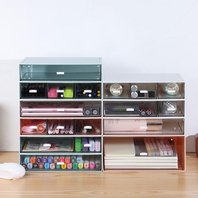 Desk Craft Organizer and Storage with 4 Mixed Drawers, Stackable Plastic Desktop Accessories & Workspace Organizer for Office Stationary, Makeup Skincare, Sanitation Supplies, White