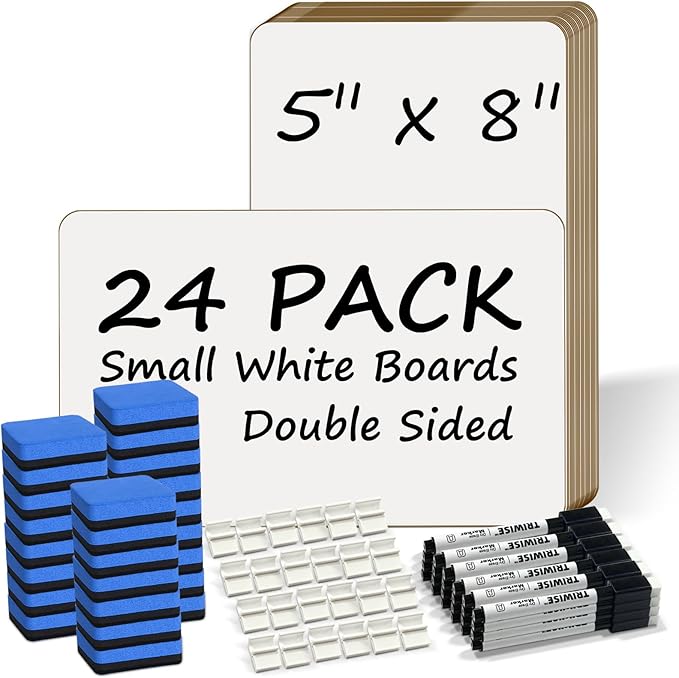 Portable Small White Board 5"x8" for Students, Personal Whiteboard Mini Lightweight Double Sided, Dry Erase Board for Kids Classroom, Individual Lapboards for Teaching with Eraser and Marker (24 Pack)