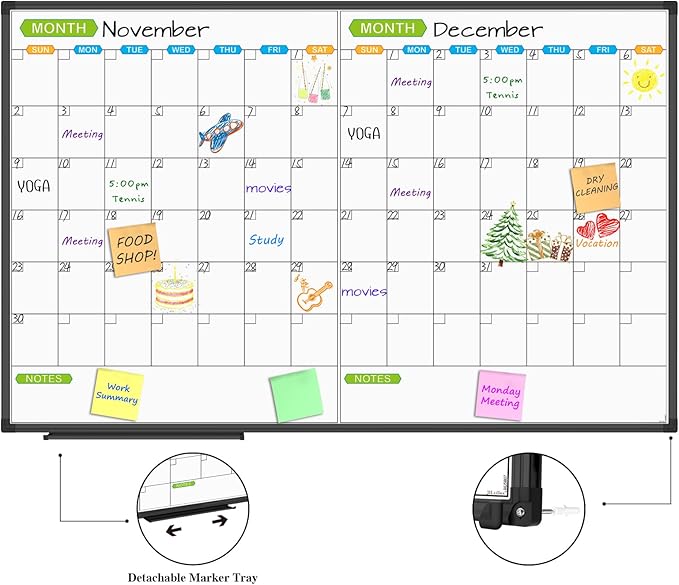 JILoffice Magnetic Dry Erase Calendar Whiteboard, 2 Month White Board Planner 48 X 31 Inch, Black Aluminum Frame Wall Mounted Board for Office Home and School