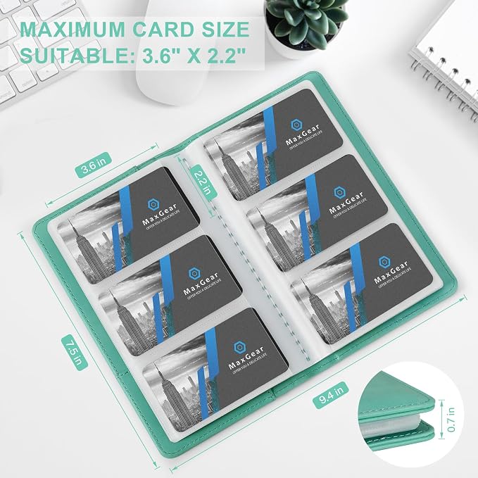 MaxGear Business Card Organizer Book, Holds 240 Cards, Portable PU Leather Business Card Holder with Clear Sleeves, Professional Card Binder for Office, Meetings, Networking, Turquoise