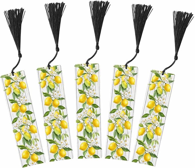 Lemon Bookmarks 5 Pcs Yellow Fruits Green Leaves Summer Wooden Bookmark with Tassels for Reading Book Lovers Gift Office School Readers Teacher