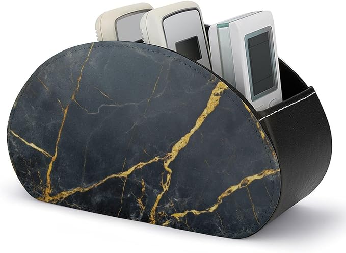 Polished Black Marble with Golden Veins Remote Control Holder with 5 Compartments Leather TV Remote Caddy Remote Storage Box Desktop Organizer for Pen/TV Remotes/Media Controllers/Office Supplies