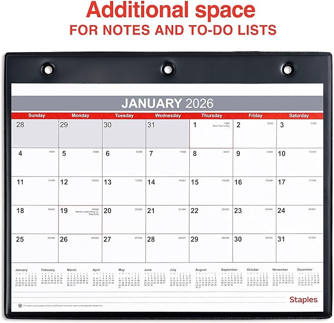 2026 Staples 11" x 8" Monthly Calendar, White/Red/Gray
