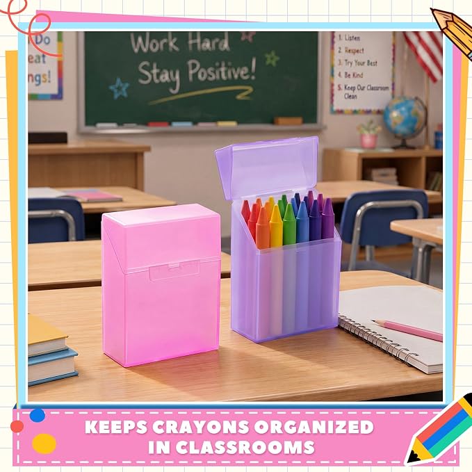 Clabby 2 Pcs Plastic Crayon Organizer Case for 24 Count Crayons Kids Art Supply Storage Box with Lid, Portable Holder for Classroom Home Travel, Fits Standard 24-Pack Crayon (Purple,Pink)