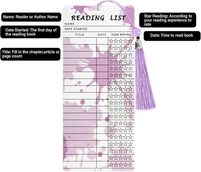 Book Club Ideas Hosting, Book Themed Party Favor Decor, 12 PCS Reading List Bookmarks with 12 PCS Purple Tassels, Bookish Item Gifts, Library Card Book Mark, Book Club Gifts