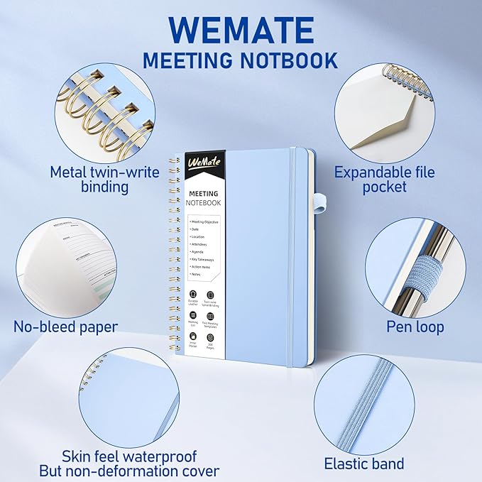 WEMATE Meeting Notebook for Work B5 (7"x10") - PU Leather Work Notebook with Agenda, Action Items & Notes - 200 Pages for Men&Women, Staff and Students, Meeting, Projects Planning - Light Blue