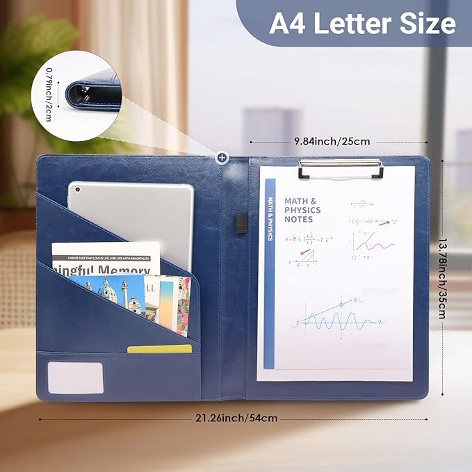 Professional Portfolio Binder, Faux Leather Padfolio for Resume, Note-Taking & Meetings, A4 Letter Writing Pad Holder for Women & Men, Blue