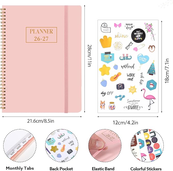 2026-2027 Planner, Weekly and Monthly Planner, July 2026-June 2027, Calendar Planner A4 (8.5" x 11") with Tabs, Inner Pocket for Home School Office Supplies, Pink