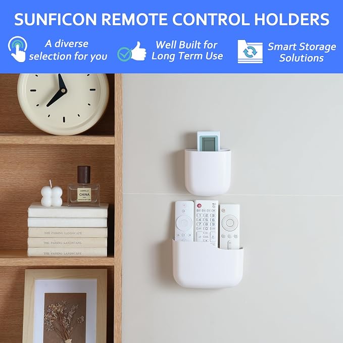 Remote Holder Wall Mount TV FAN Remote Control Holder Bedside Caddy Wall Organizer Phone Holder for Office Adhesive Media Player Controller Holder Box Tray Home Desk Nightstand White 1Big 1Small