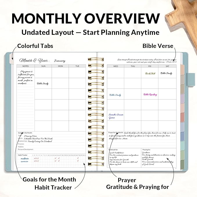 SUNEE Christian Planner - Undated 12 Month Bible Journal and Prayer Planner A5 Spiral Bound, Monthly & Weekly Christian Organizer Gifts for Women Men (Grey Blue)