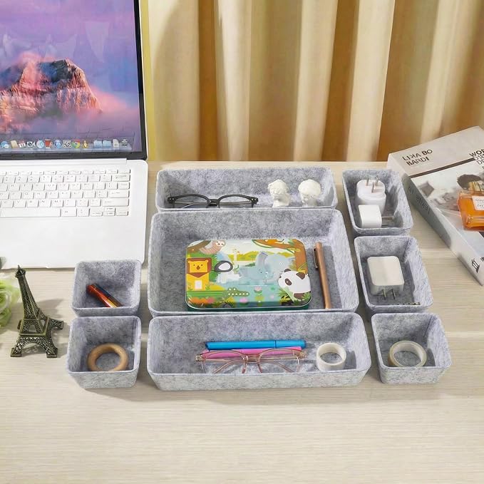 Desk Drawer Organizer Bins, 8pcs Felt Shallow Bathroom Storage Trays, Office Accessories & Workspace Organizers Jewelry & Makeup Boxes Containers(Grey)